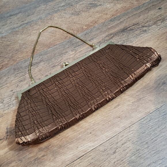 Vintage Handbags - VTG Brown Sheen Braided Satin Textured Kiss Lock Crossbody Clutch Handbag